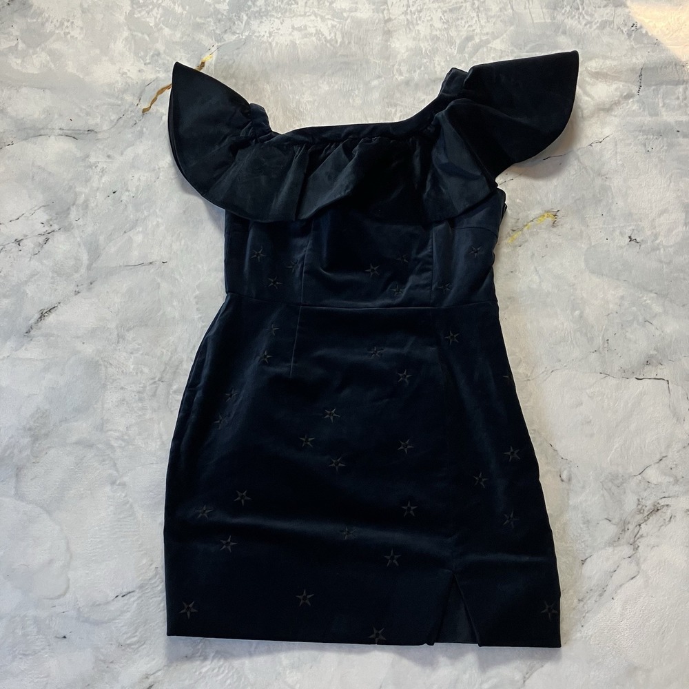 Saloni Dress Size 10 Greta Ruffle Mini Cotton Velvet Dark Navy Embroidery